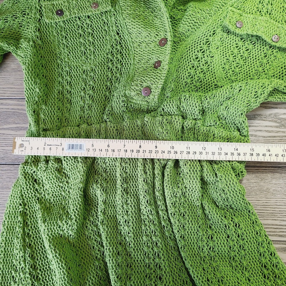 Free People Beach Romper Green Open Knit Button Front 3/4 Sleeve Stretch S Boho‎ - Picture 10 of 11